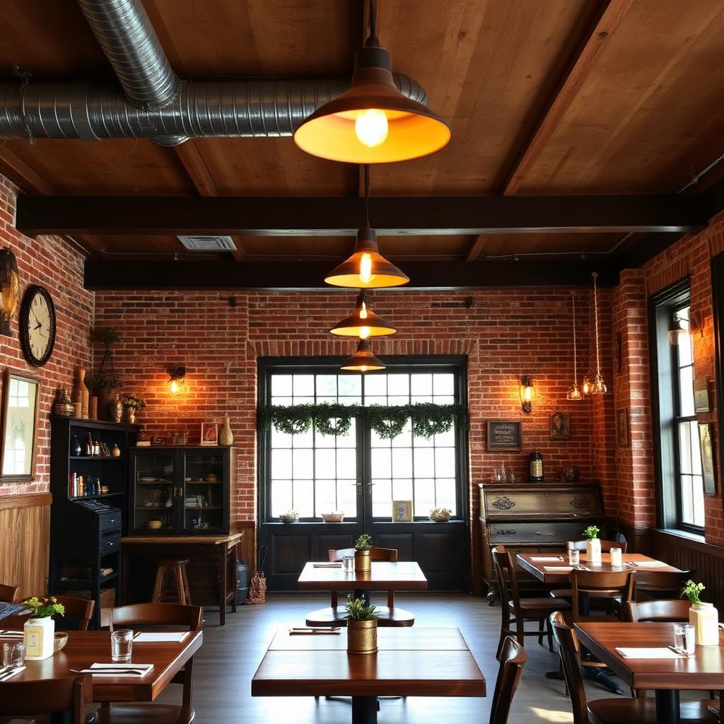 Warm restaurant dining room with brick walls and pendant lighting