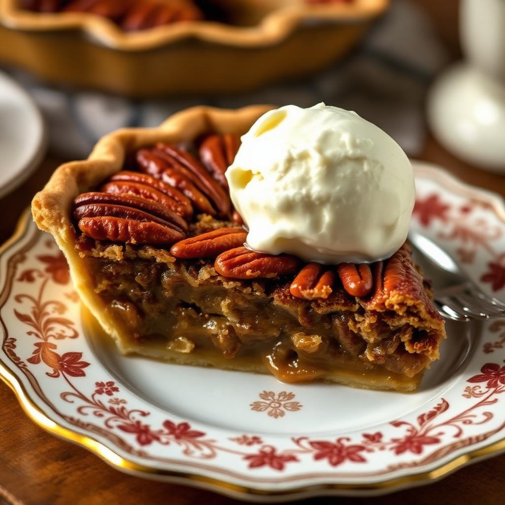 Slice of pecan pie with a scoop of vanilla ice cream