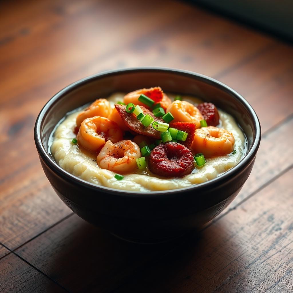 Bowl of shrimp and grits with andouille sausage