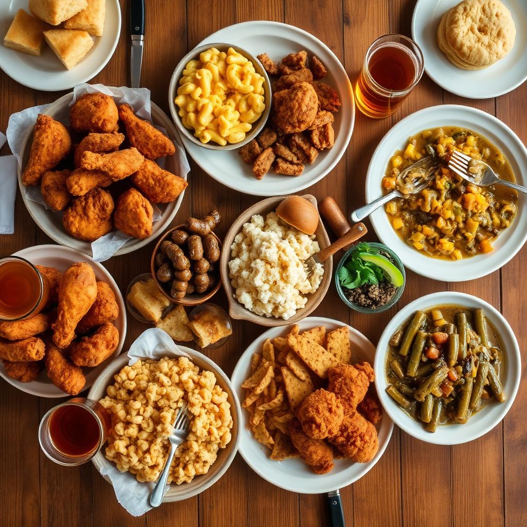 Full southern soul food spread on a rustic table
