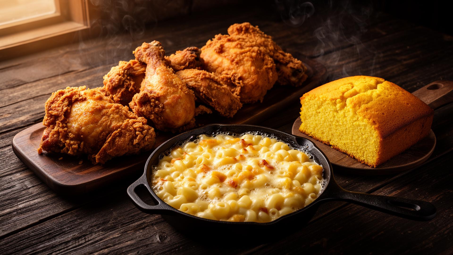 Golden fried chicken, mac and cheese, and cornbread on a rustic table